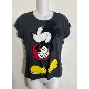 Disney Women Top Small Black Striped Keyhole T-Shirt Graphic Mickey Mouse